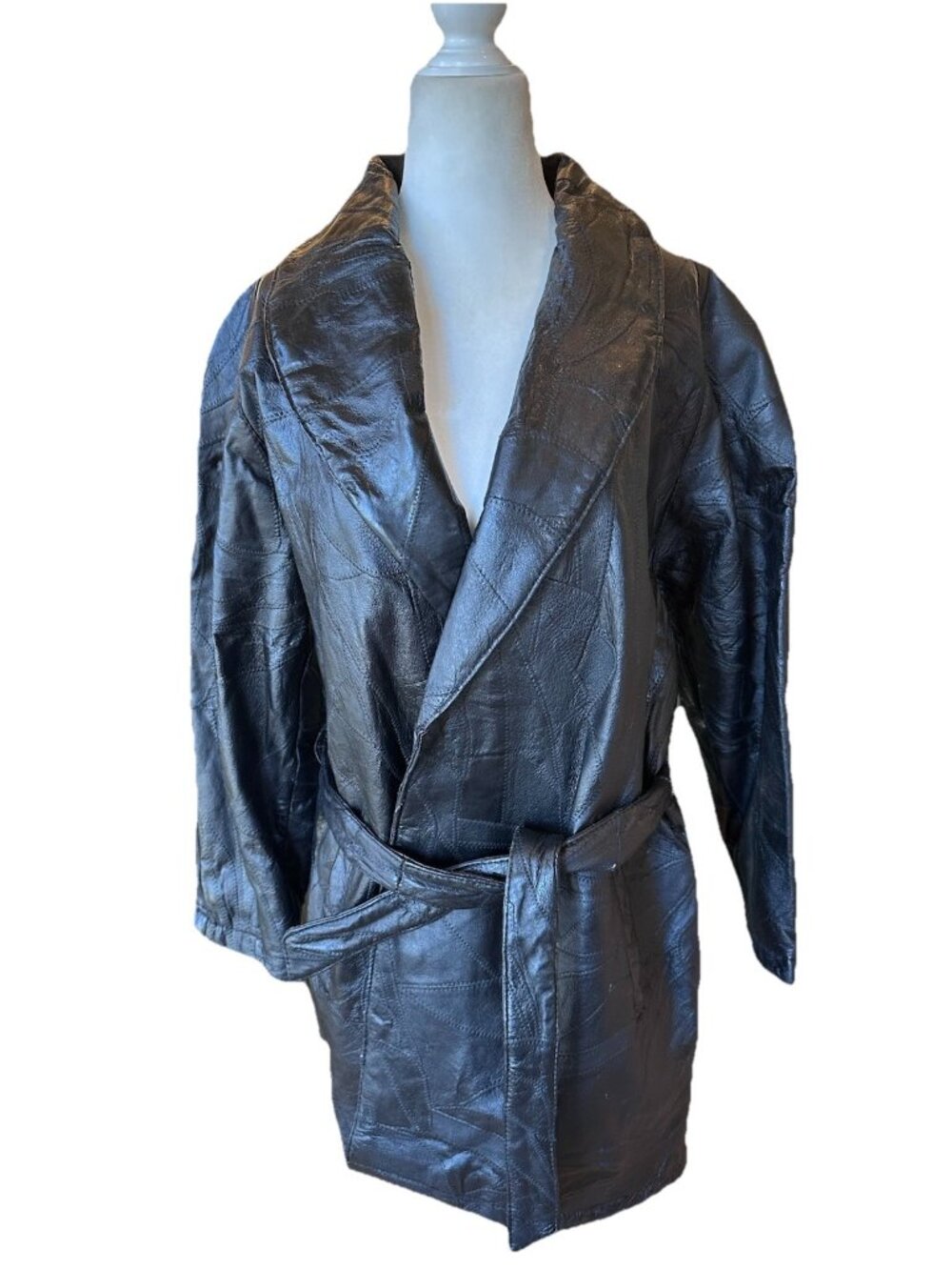 Navarre Leather Company Italian Stone Women's Large Belted Black Leather Coat